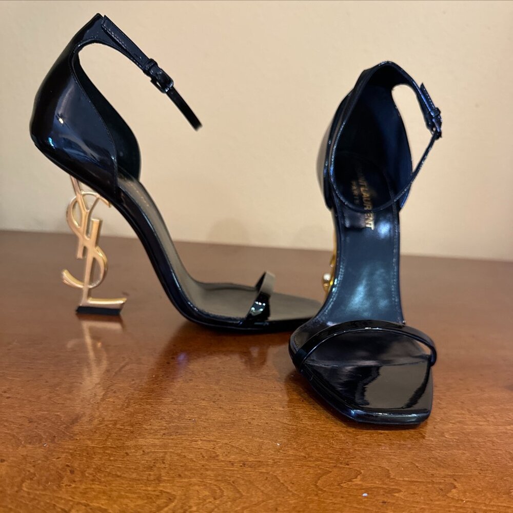 YSL Saint Laurent Black Patent Opyum Gold Heel Pumps Sandals Sz 37